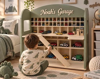 Wooden Car Garage for Kids, Personalized Toy Car Storage, Custom Name Car Display Shelf,Large Kids Garage, Christmas Gift,Car Organizer Gift