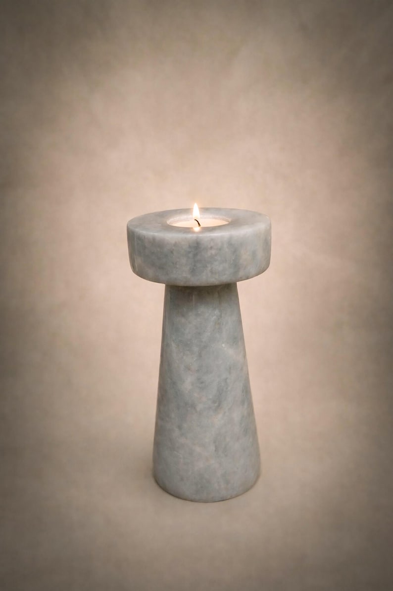 Marmeren kandelaarset, moderne stenen kandelaar, marmeren theelichthouder, minimalistisch interieur, marmeren decor, neutraal esthetisch cadeau, afbeelding 6