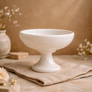 May include: A white, pedestal serving bowl. The bowl has a wide, shallow basin and a rounded base. It is sitting on a beige linen napkin. The background is a plain, neutral colour.