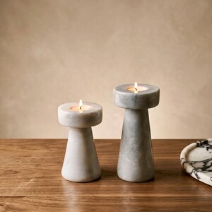 Marmeren kandelaarset, moderne stenen kandelaar, marmeren theelichthouder, minimalistisch interieur, marmeren decor, neutraal esthetisch cadeau, afbeelding 5