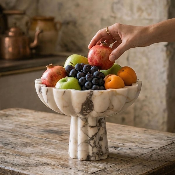 Pedestal de mármol para frutero, centro de mesa de mármol festoneado, cuenco decorativo de piedra, decoración de lujo para mesa de centro, cuenco de mármol hecho a mano