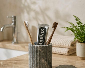 Marble Toothbrush Holder with Lid, Bathroom Organizer, Cotton Pad Storage Jar, Minimalist Marble Decor, Vanity Counter Container