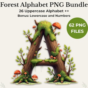 Könnte beinhalten: Eine fantasievolle Illustration des Buchstabens "A", geformt aus einem Baumstamm, verziert mit Moos, Pilzen und Blättern. Der Text "Forest Alphabet PNG Bundle" und "62 PNG FILES" ist enthalten.