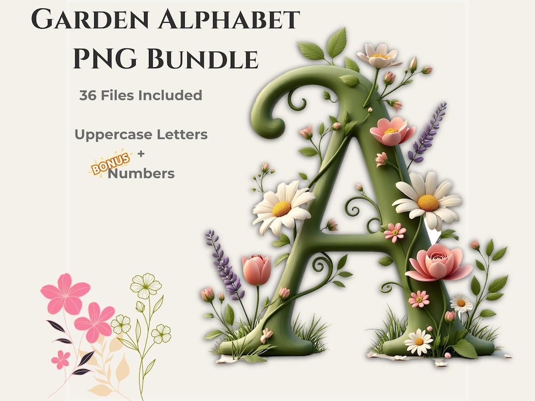 Garden Alphabet PNG Bundle | Floral Letters A-Z + Numbers | Botanical ...
