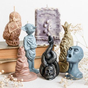 May include: A collection of decorative candles in various shapes, including an owl with a letter, a goblin, a book, a snake coiled around a skull, a pineapple, a screaming face, and a sorting hat. The candles are in shades of brown, gray, and blue.