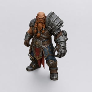 May include: A miniature figurine of a bald dwarf warrior with a long braided ginger beard, wearing heavy metallic silver armor on one shoulder and arm, a brown leather chest piece, blue trousers, and a red fabric loincloth over metal greaves.