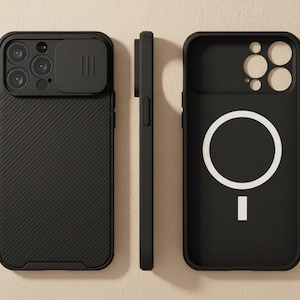 Funda magnética suave de cobertura total con protector deslizante para la lente de la cámara y compatible con carga inalámbrica.