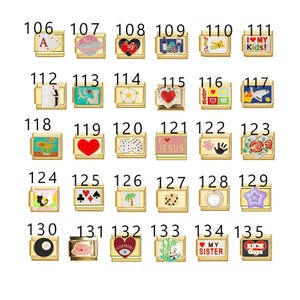 May include: A selection of gold-coloured charm bracelets with diverse designs. The charms display images like playing cards, hearts, dice, and text such as "I love my kids" and "My Sister". Each charm is a small square or rectangular shape.