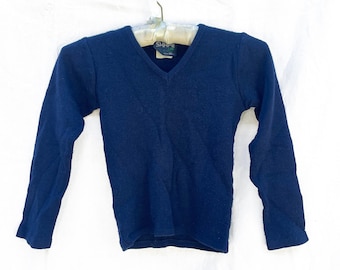 Jersey de lana azul marino con cuello en V estilo vintage de los años 80 – Jersey de punto clásico para niños