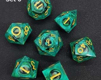 liquid core dice dnd set 7 piece, dragon eye dice resin dnd set, d6 dice and d20 for rpg dnd gift for men