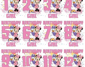 Pink Birthday Girl PNG Bundle (1-12), Minnie Daisy Cartoon Style (Digital Download)