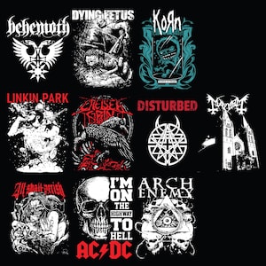 Pode incluir: Um fundo preto exibe logotipos e gráficos de várias bandas. As bandas apresentadas incluem Behemoth, Dying Fetus, Korn, Linkin Park, Chelsea Grin, Disturbed, Mayhem, All Shall Perish, AC/DC e Arch Enemy. Os logotipos são em branco, vermelho e verde-azulado.