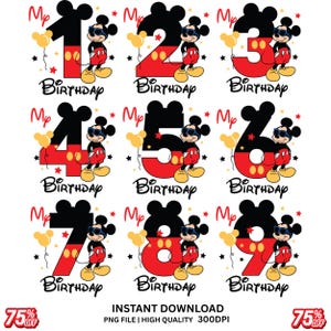 Può includere: Grafica digitale di compleanno con i numeri da 1 a 9, ognuno con un personaggio di Topolino con occhiali da sole. I numeri sono neri e rossi, con la parola "Compleanno" sotto. Sono inclusi anche palloncini gialli e stelle.