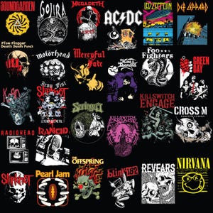 Puede incluir: Un collage de logotipos de bandas de rock sobre un fondo negro. Los logotipos incluyen Soundgarden, Gojira, Megadeth, AC/DC, Led Zeppelin, Def Leppard, Motörhead, Mercyful Fate, Foo Fighters, Green Day y otros. Los logotipos son de varios colores y estilos.