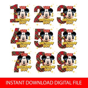 May include: A digital graphic set featuring numbers one through nine, each filled with a red and green plaid pattern. Each number is accompanied by a cartoon Mickey Mouse head and the yellow text THE BIRTHDAY BOY, surrounded by yellow stars.