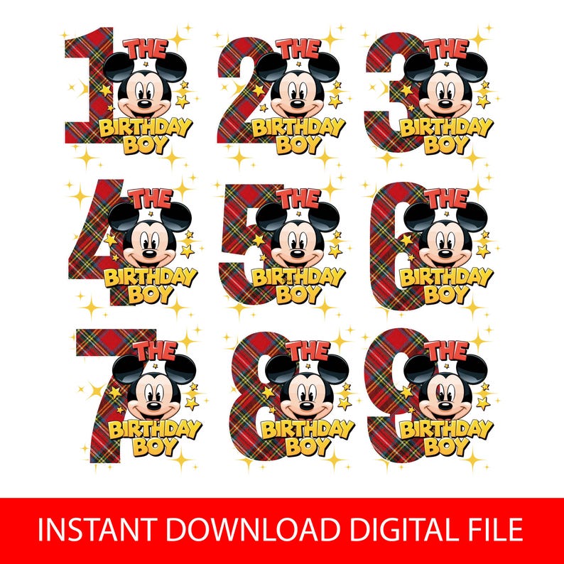 May include: A digital graphic set featuring numbers one through nine, each filled with a red and green plaid pattern. Each number is accompanied by a cartoon Mickey Mouse head and the yellow text THE BIRTHDAY BOY, surrounded by yellow stars.