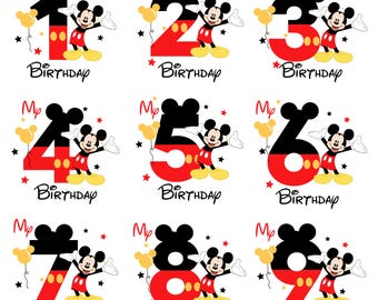 Paquete de imágenes PNG de ratones de dibujos animados para cumpleaños, diseño de camisetas infantiles (de 1 a 9 años) (descarga digital)