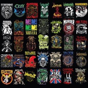 Op de afbeelding: Een verzameling grafische ontwerpen met logo's en artwork van verschillende rock- en metalbands, waaronder Nirvana, Metallica en Pink Floyd. De ontwerpen zijn in verschillende kleuren en stijlen, geschikt voor kleding of merchandise.