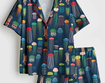 Ensemble pyjama méduse femme, pyjama océan femme, pyjama méduse, ensemble pyjama côtier, pyjama d'été mignon, cadeau pour elle