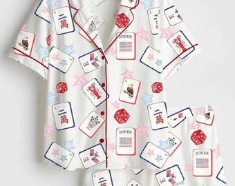 Conjunto de pijama de mahjong, pijama con estampado de mahjong, pijama para noche de juegos, ropa de estar por casa con estampado de cartas de póquer, pijama con temática de casino, pijama bonito