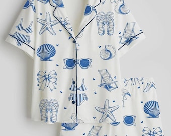 Conjunto de pijama de playa para mujer, conjunto de pijama costero para mujer, pijama azul de playa para mujer, conjunto de pijama de verano para mujer, conjunto de pijama de vacaciones para mujer, regalo para ella