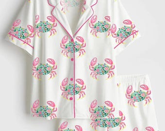 Conjunto de pijama feminino com estampa de caranguejo, pijama de praia feminino, pijama de cetim rosa com estampa de caranguejo, pijama de viagem de verão feminino, presente de pijama para férias para ela