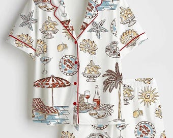 Ensemble pyjama côtier femme, Ensemble pyjama méditerranéen femme, pyjama vacances d'été femme, pyjama plage femme, pyjama manches courtes femme, cadeau pour elle