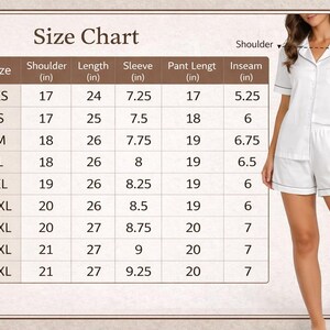 May include: White pajama set with black trim, shown with a size chart. The chart lists sizes XS to 5XL, with measurements in inches for shoulder, length, sleeve, pant length, and inseam.