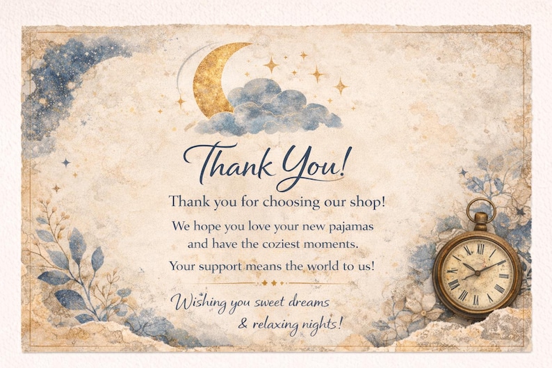 May include: A rectangular thank you card with a vintage paper texture, featuring a gold crescent moon, blue clouds, and stars at the top. It includes the text Thank You! and a message about pajamas, with a gold pocket watch in the bottom right corner.