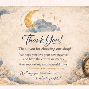 May include: A vintage-style thank you card with a watercolor design. The card features a gold crescent moon, clouds, and stars. Text reads "Thank You!" and a message of appreciation. A pocket watch is on the right.