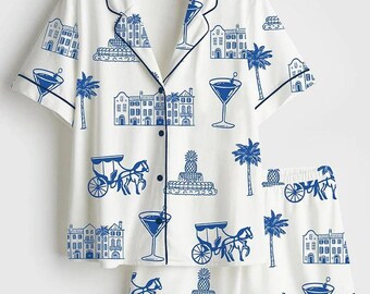 Pyjama côtier bleu pour femme, Ensemble pyjama de villégiature pour femme, Pyjama de vacances, Vêtements de nuit côtiers, Pyjama d'été pour femme, Ensemble pyjama pour femme