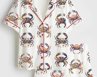 Crab Pajama Set Women, Coastal Crab Pajamas Women Set, Crab Pjs Women, Summer Pajamas Women, Vacation Pajamas Women Set, Gift For Her