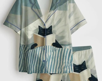 Book Lover Pajama Set Women, Reading Cat Pajamas Women Set, Bookish Pajamas Women, Cat Pjs Women, Cozy Pajamas Women, Short Sleeve