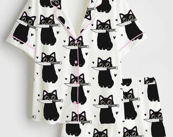 Black Cat Pajamas Women, Funny Cat Pajama Set, Cartoon Cat Pajamas, Animal Pajamas, Cute Pajamas, Cat Lover Gift, Funny Gift