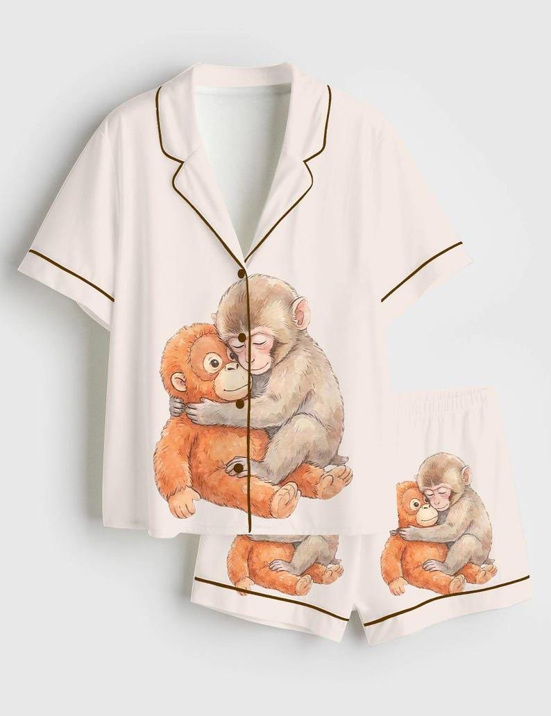 Pigiama da donna con scimmietta, set pigiama da donna con scimmietta, set pigiama da donna, set pigiama da donna, pigiama estivo da donna, pigiama da donna, regalo per lei immagine 1