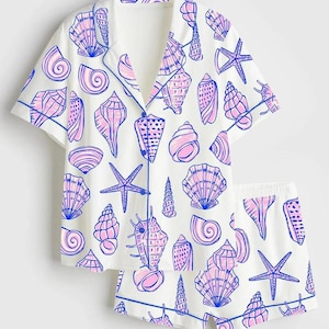 Snäckskalspyjamasset för kvinnor, kustnära skalpyjamasset för kvinnor, strandpyjamas för kvinnor, sommarpyjamas för kvinnor, semesterpyjamasset för kvinnor, present till henne