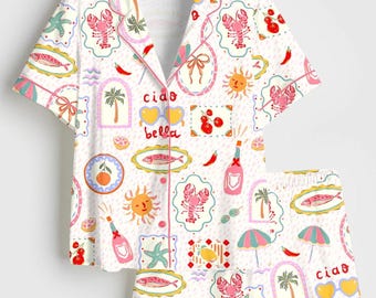 La Dolce Vita-pyjama voor vrouwen, Italiaanse zomernachtkleding, Ciao Bella-pyjamaset, loungekleding kustvakantie, cadeau voor haar