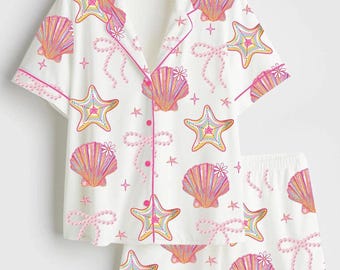 Conjunto de pijama de conchas marinas para mujer, conjunto de pijama de playa para mujer, conjunto de pijama costero para mujer, conjunto de pijama de verano para mujer, pijama de playa para mujer, regalo para ella