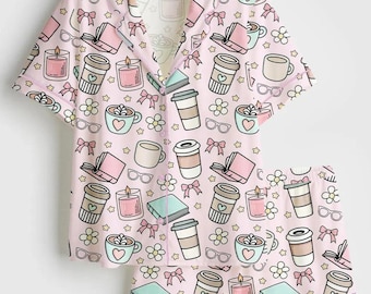 Ensemble pyjama café femme, Ensemble pyjama café femme, pyjama confortable femme, pyjama amateur de lecture femme, Ensemble pyjama femme mignon, Cadeau pour elle