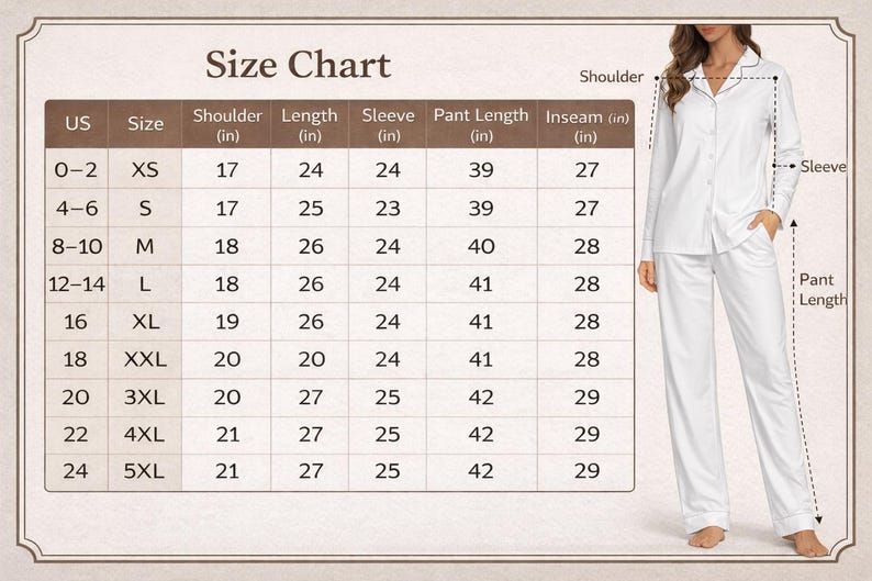 May include: White pajama set with a button-down top and pants. A size chart shows measurements in inches for various sizes, including shoulder, length, sleeve, pant length, and inseam.