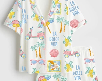 Dolce Vita Pyjama Set Frauen, Italien Pyjamas Frauen Set, Pjs Frauen, Urlaubspyjamas Frauen, Reisepyjamas Frauen, Geschenk für sie