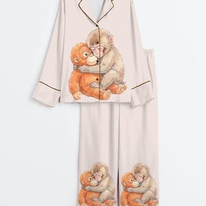 Pigiama da donna con scimmietta, set pigiama da donna con scimmietta, set pigiama da donna, set pigiama da donna, pigiama estivo da donna, pigiama da donna, regalo per lei immagine 3