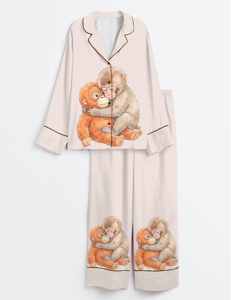 Pigiama da donna con scimmietta, set pigiama da donna con scimmietta, set pigiama da donna, set pigiama da donna, pigiama estivo da donna, pigiama da donna, regalo per lei immagine 3