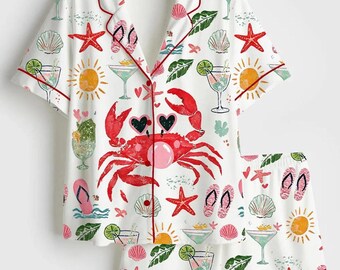 Joli pyjama crabe pour femme, ensemble pyjama de plage femme, pyjama côtier, ensemble pyjama d'été, pyjama de vacances, pyjama femme, cadeau pour elle