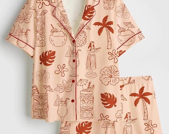 Ensemble pyjama hawaïen femme, pyjama tropical femme, pyjama cocktail femme, pyjama vacances femme, pyjama femme, pyjama d'été femme