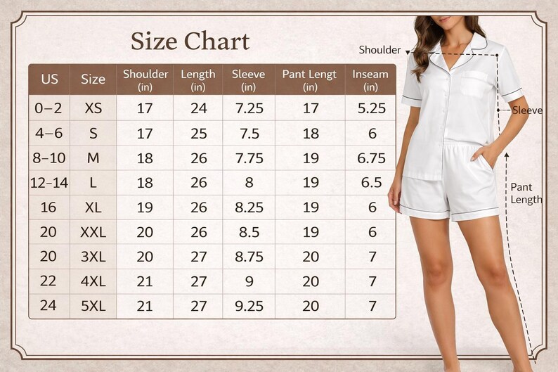 Pu&ograve; includere: Pigiama bianco con rifiniture nere, mostrato con una tabella delle taglie. La tabella elenca le taglie XS a 5XL, con misure in pollici per spalle, lunghezza, maniche, lunghezza pantaloni e interno gamba.