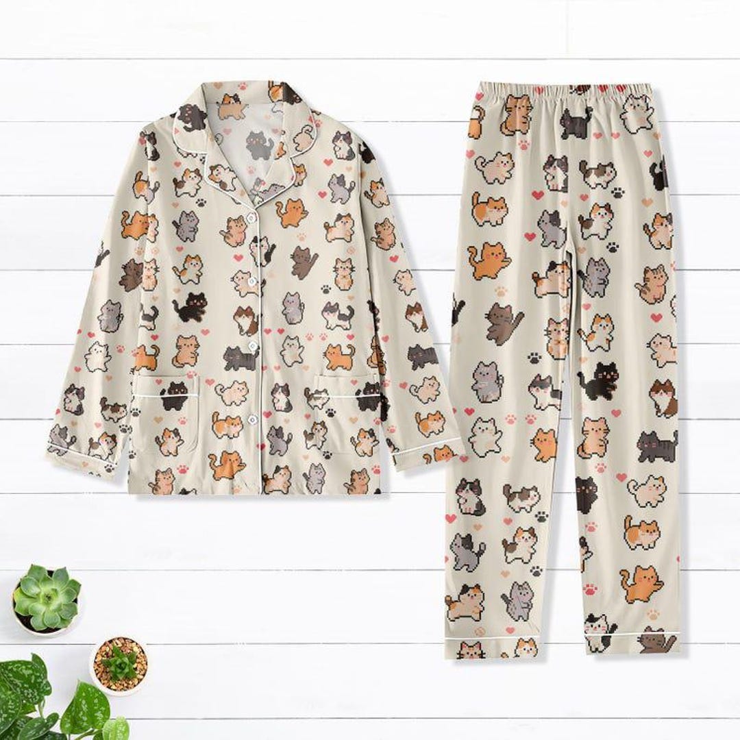Cute Cat Pajama Set Women, Cat Pajamas Women Set, Cat Pjs Women, Cute ...
