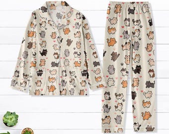 Cute Cat Pajama Set Women, Cat Pajamas Women Set, Cat Pjs Women, Cute Pajamas Women, Summer Pajamas Women, Gift For Cat Lover