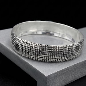 Sterling Silver Dotted Pattern Wide Cuff Bangle Bracelet, Minimalist Boho Jewelry