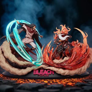 May include: A detailed figurine set featuring two characters in dynamic poses, one with a blue energy blade and the other engulfed in flames. The base has the word "BLEACH" in pink and Japanese characters. The background is dark with smoke effects.